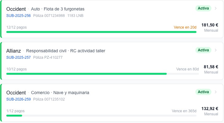 Ficha de un cliente con tres pólizas de Occident y Allianz, sus cuotas mensuales y vencimientos
